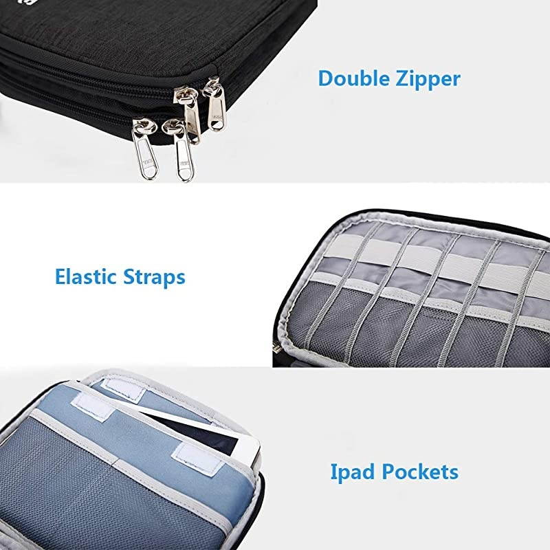 Electronics Organizer Travel Cable Organizer Waterproof Portable Electronics Accessories Case Gadget Bag for 79 IPad Mini Chargers Cord Phone USB SD CardBlack