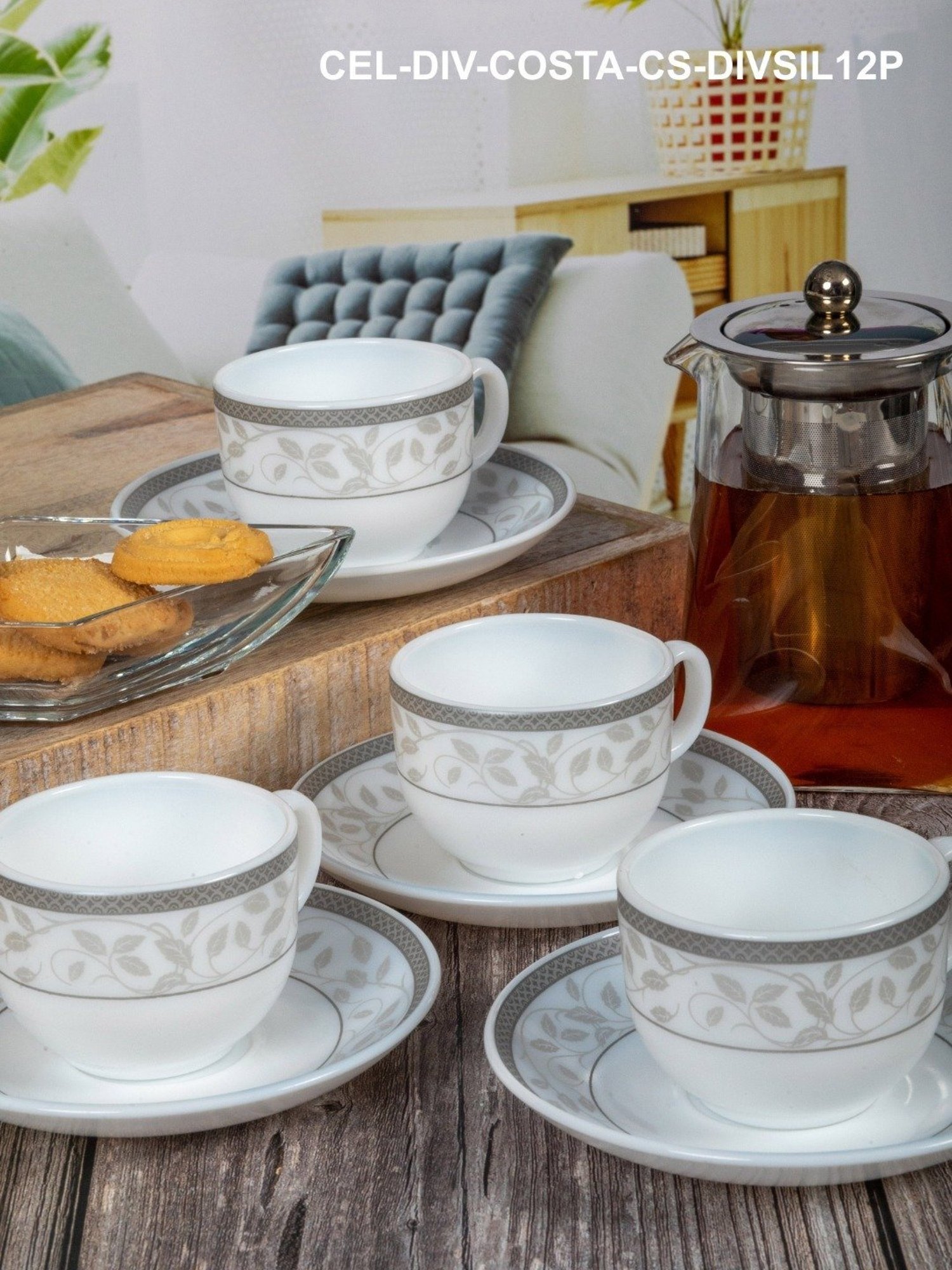 Cello Divine Printed White Opalware Tea Cups & Saucers - Set of 6 (160ml)