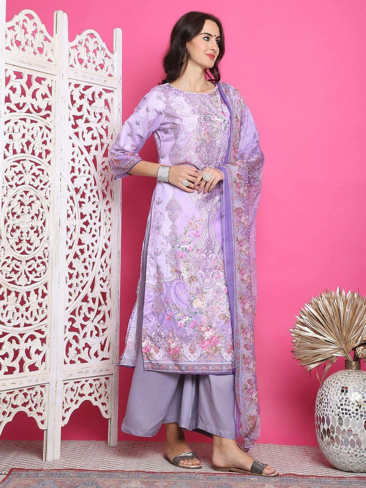 Stylee LIFESTYLE Lavender Printed Unstitched Dress Material