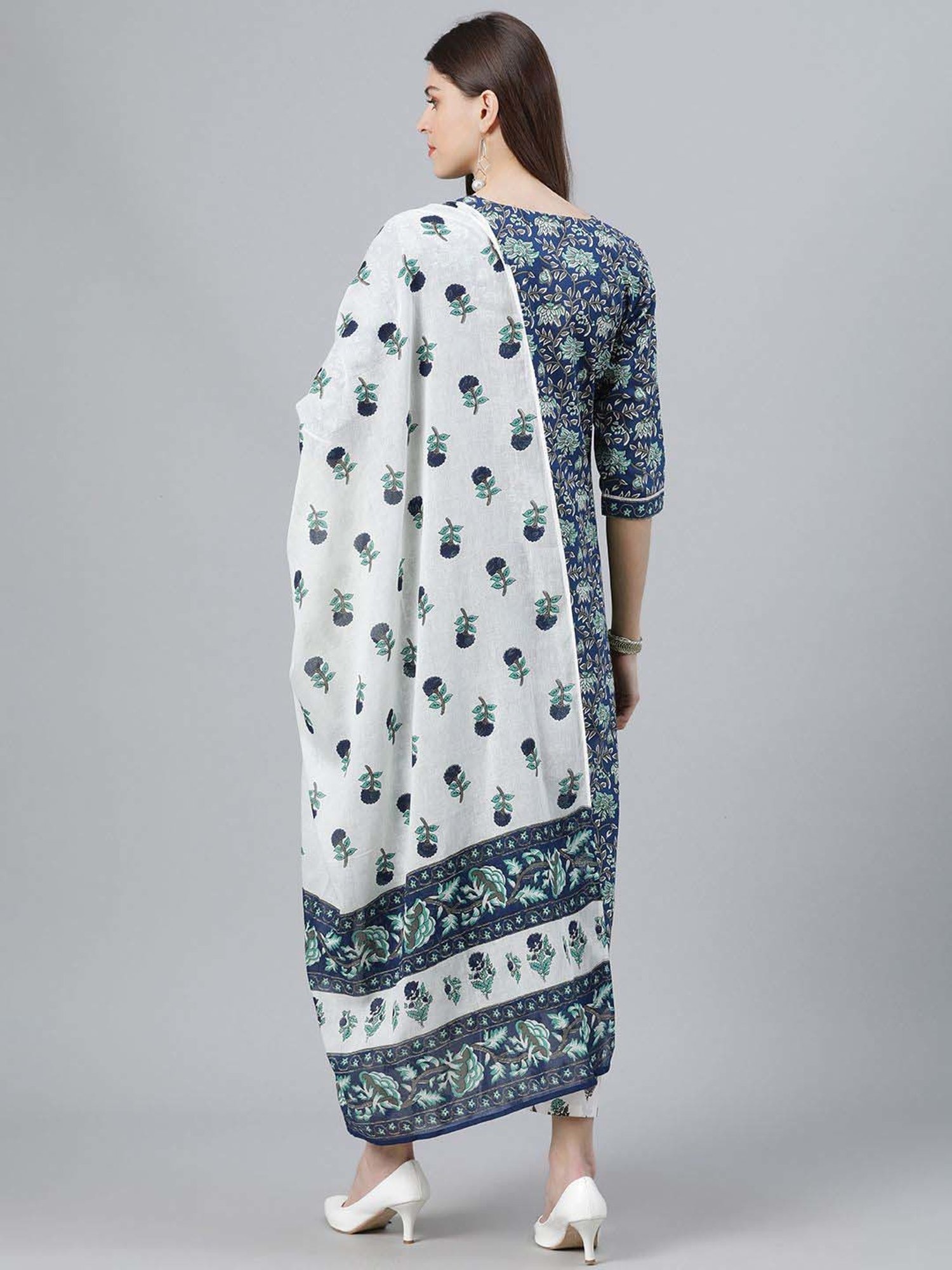 Libas Blue & White Cotton Printed Kurta Palazzo Set With Dupatta