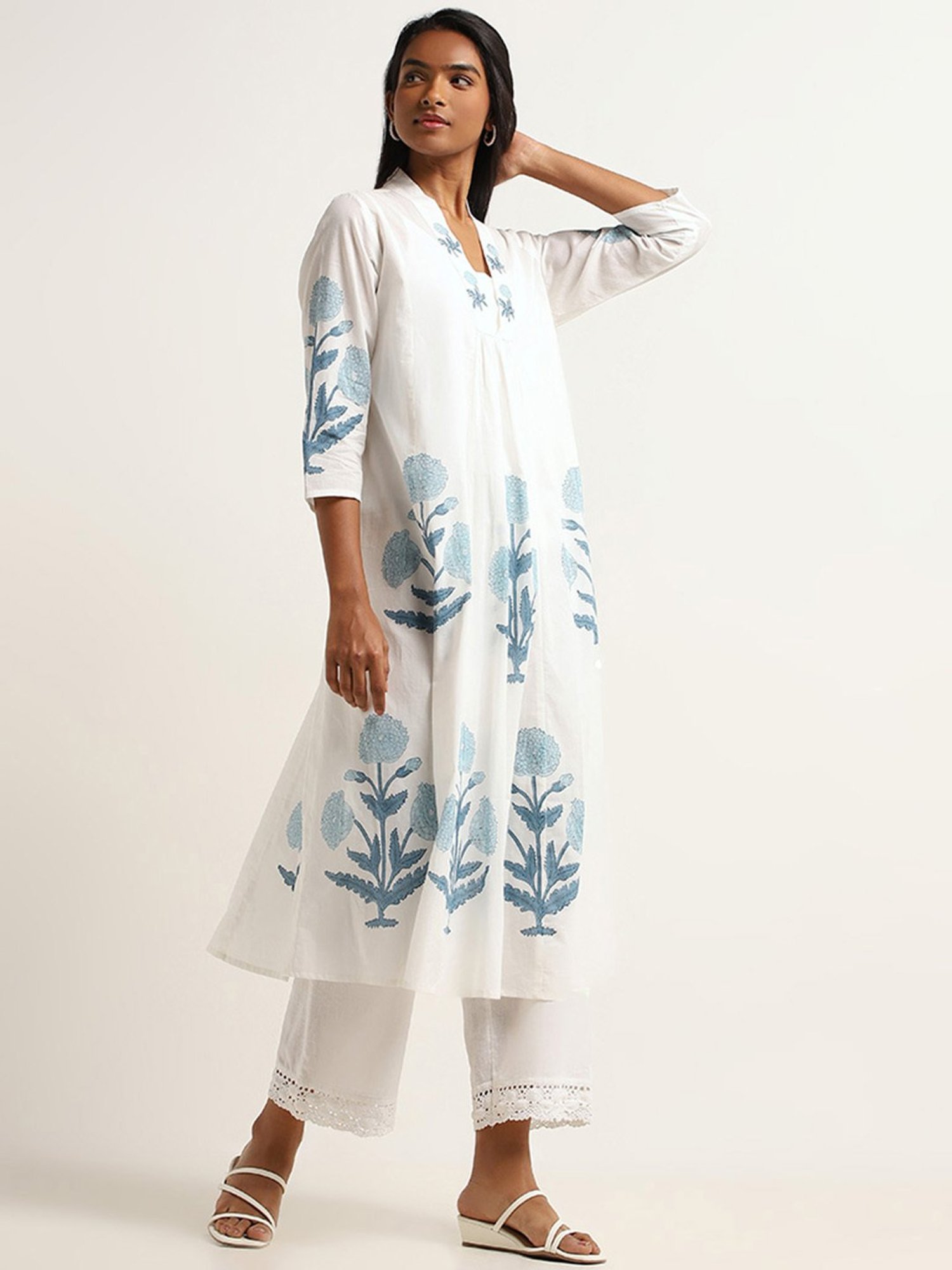 Utsa by Westside Blue Floral Cotton A-Line Kurta