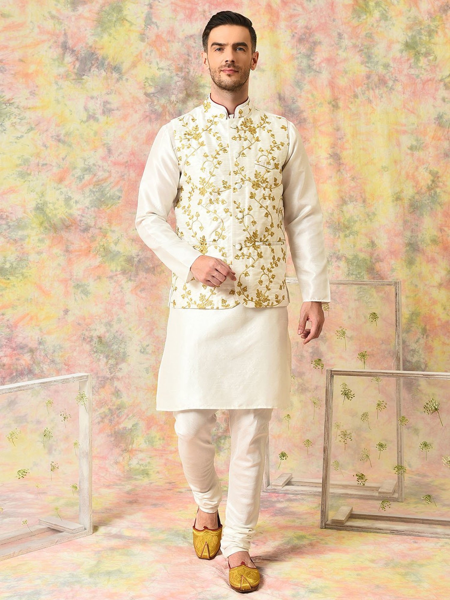 Hangup White Regular Fit Embroidery Kurta & Churidar With Nehru Jacket