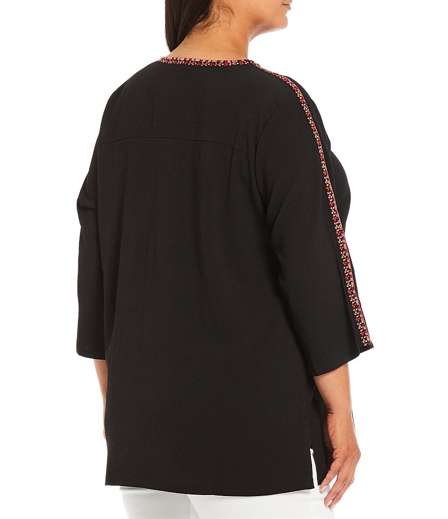 Democracy Plus Size Floral Print 3/4 Puff Sleeve V-Neck Knit Top