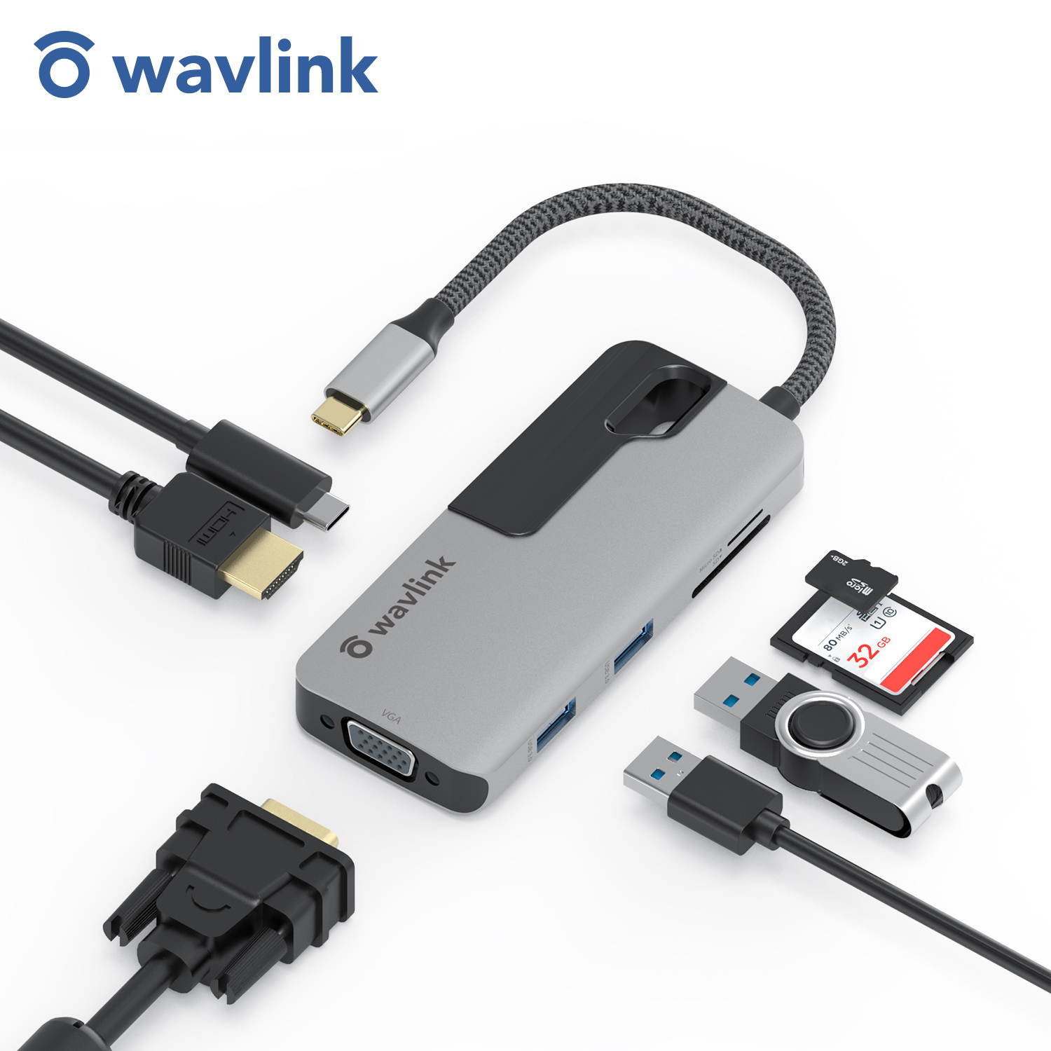 Wavlink USB C Hub, PD 7-in-1 Type C Adapter Mini Docking Station Aluminum with 4K 30Hz HDMI, 2K 60Hz VGA, 2 USB 3.0, SD/TF Card Reader, 87W Laptop Power Delivery for Windows Mac and More, Plug & Play