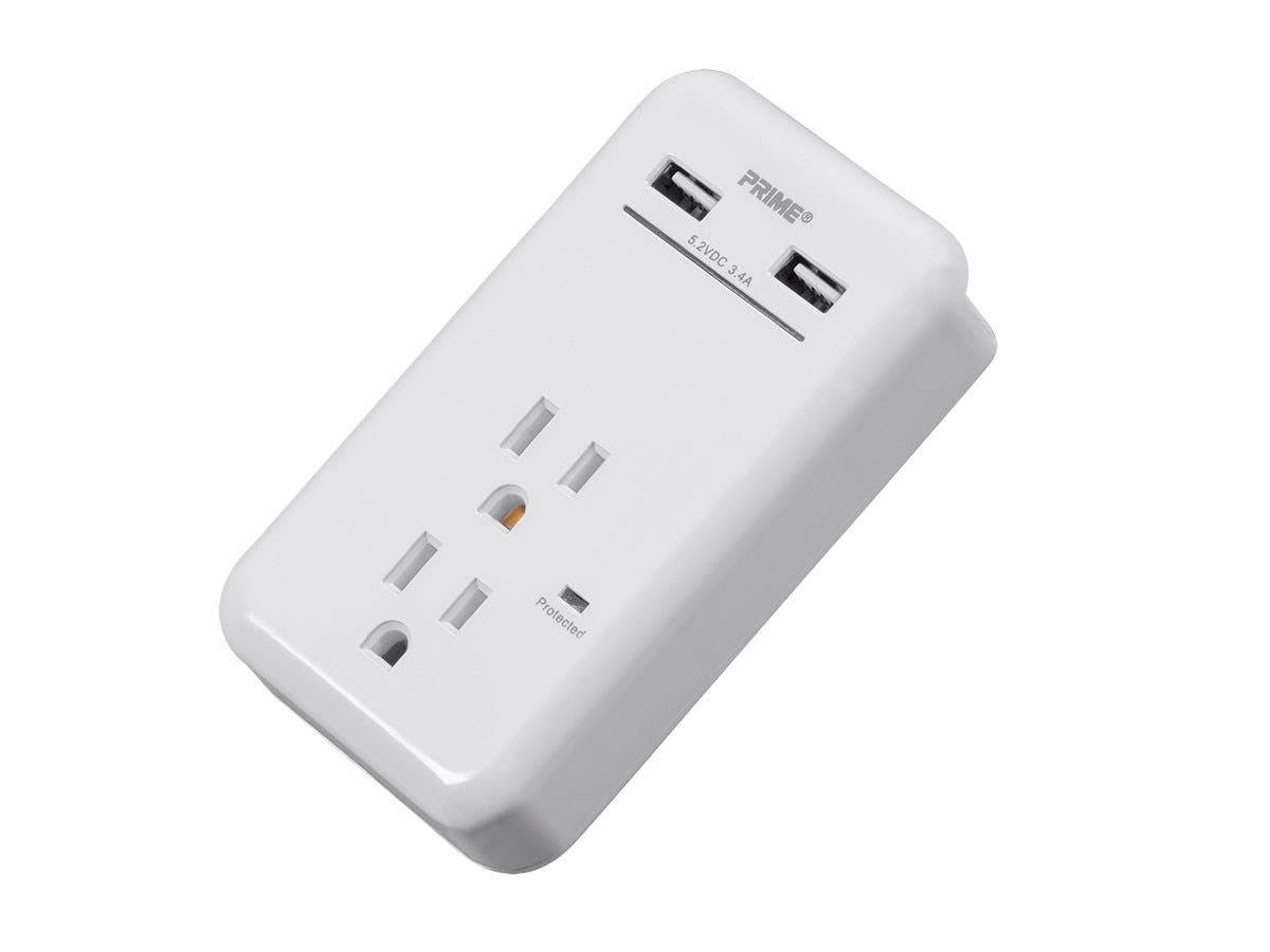 Monoprice 2 Outlet Surge Protector Wall Tap with 2 USB Charging Ports 3.4A, 450 Joules, White