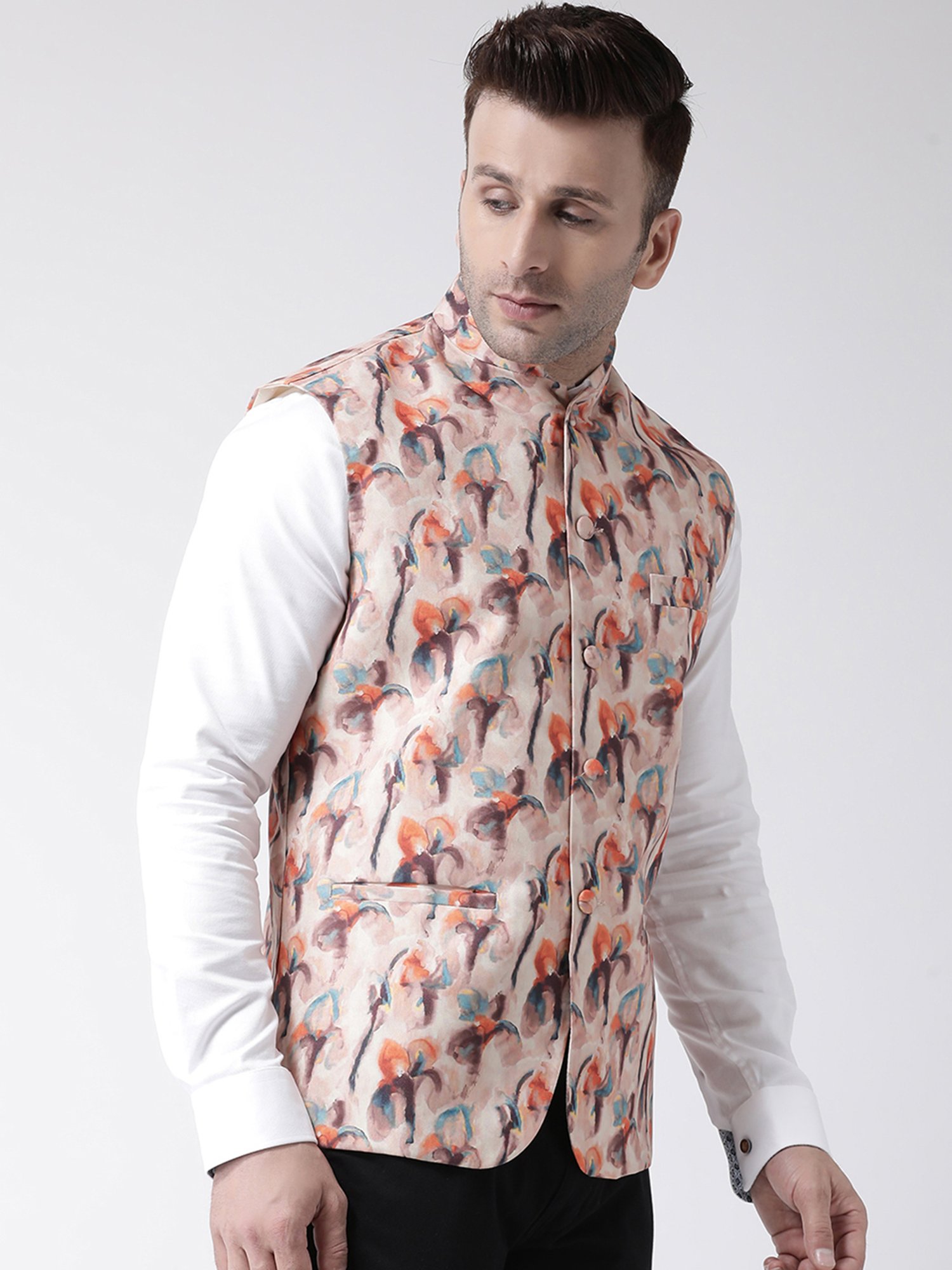 Hangup Plus Cream Regular Fit Printed Nehru Jacket