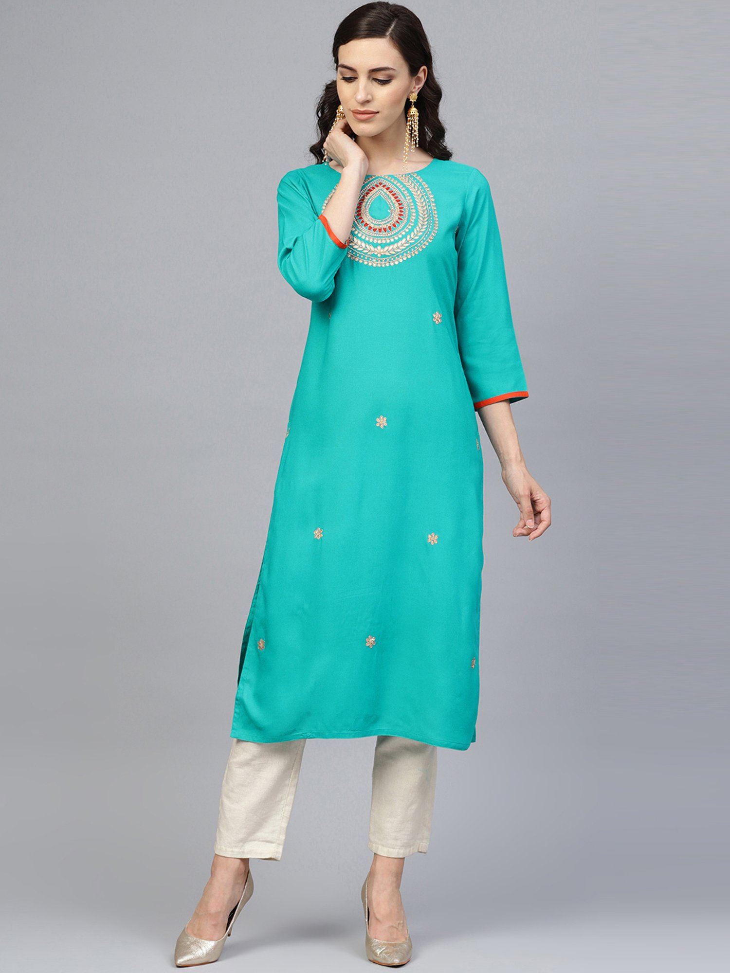 Geroo Jaipur Green Hand Embroidered Straight Rayon Kurta