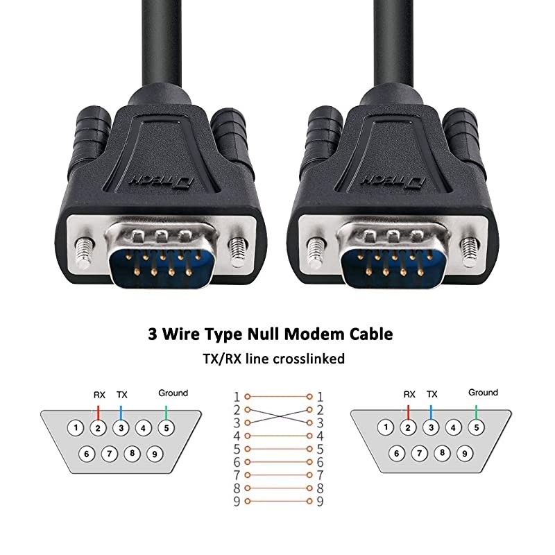 10ft DB9 to DB9 RS232 Serial Cable Male to Male Null Modem Cord Cross TX RX line for Data Communication 10 Feet Black