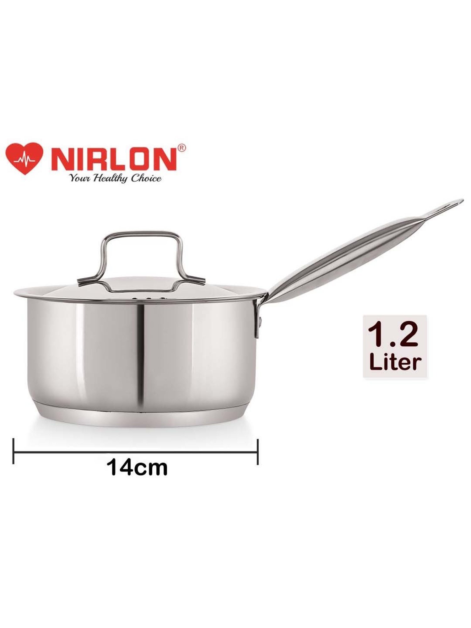 Nirlon Deluxe Silver Stainless Steel 14 cm Induction Tri-Ply Bottom Saucepan With Lid (1.2 L)