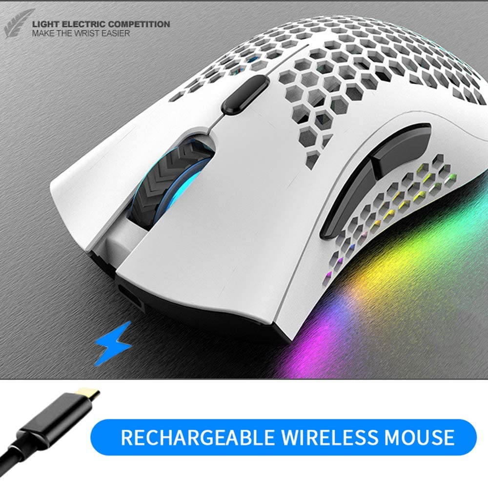 Lightweight Gaming Mouse, Honeycomb Design Rechargeable 2.4G Wireless Gaming Mouse with USB Receiver RGB Backlight Computer Mouse for Laptop PC