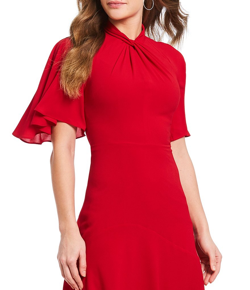 Maggy London Asymmetrical Crepe Midi Stretch Dress