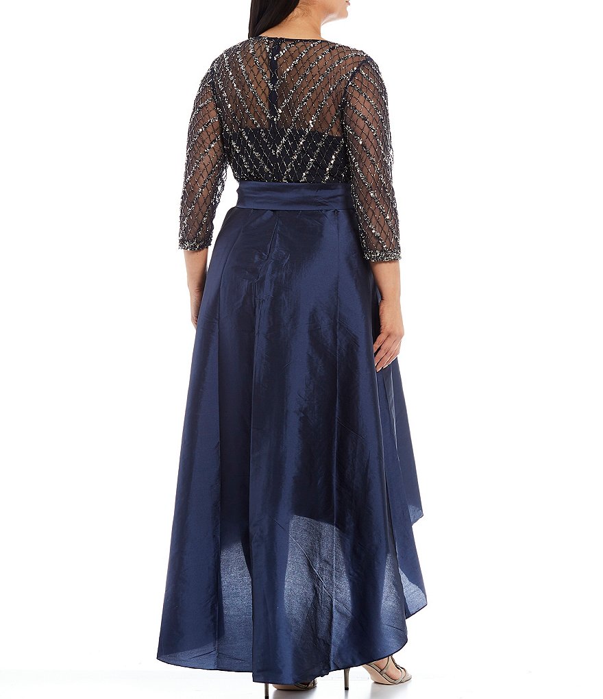 Pisarro Nights Plus Size Beaded 3/4 Sleeve Illusion Boat Neck Dress