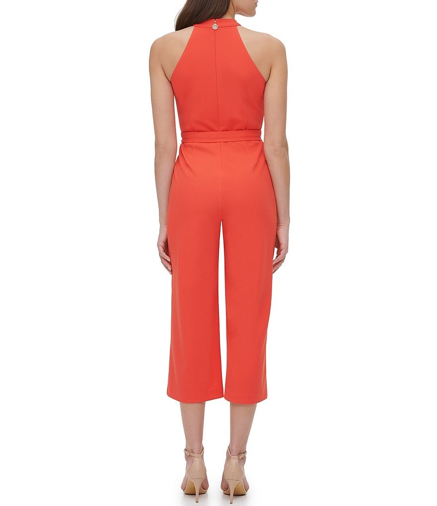 Tommy Hilfiger Sleeveless Halter Neck Tie Waist Scuba Crepe Cropped Jumpsuit