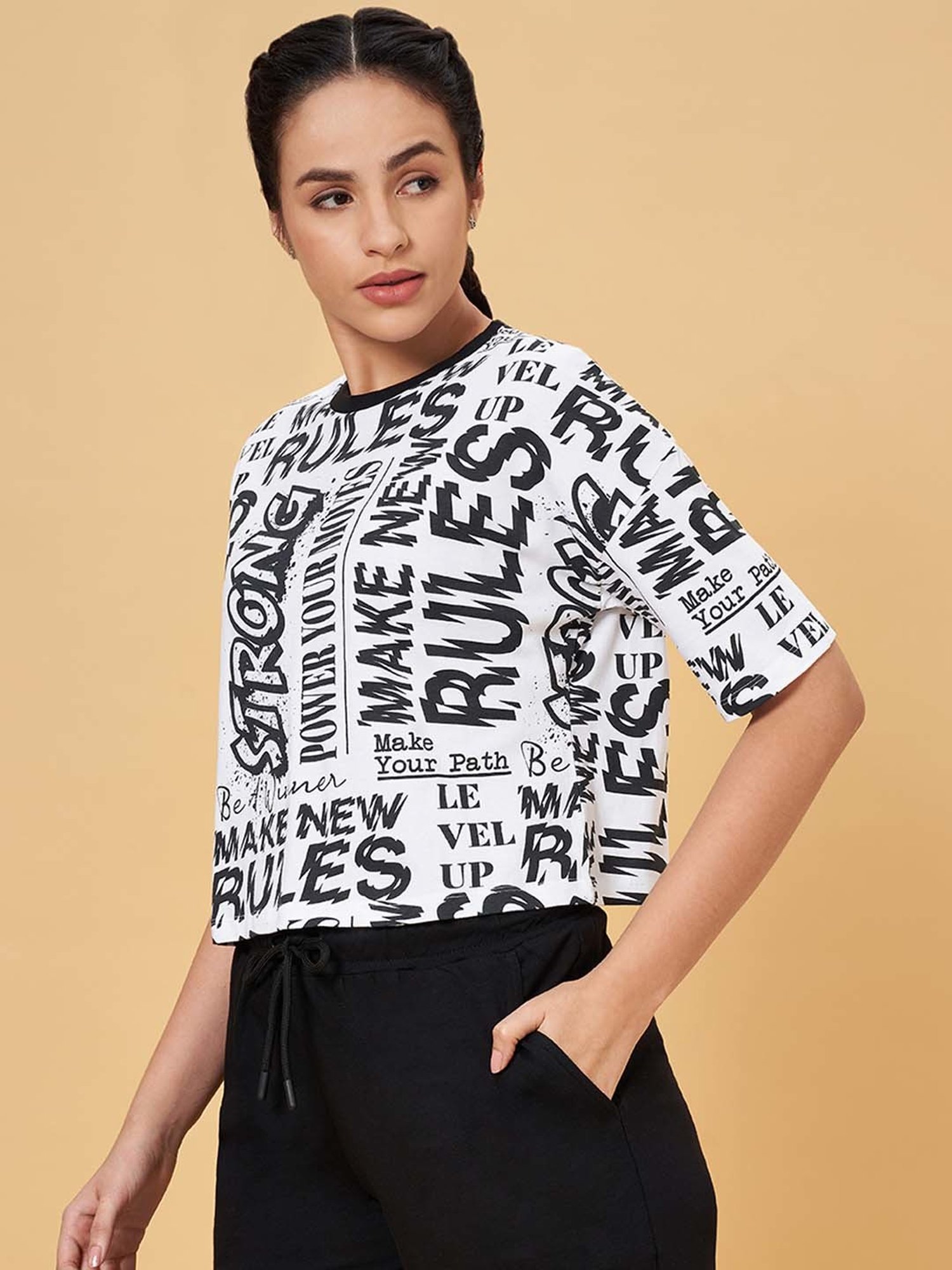 Ajile by Pantaloons White & Black Cotton Printed Sports T-Shirt