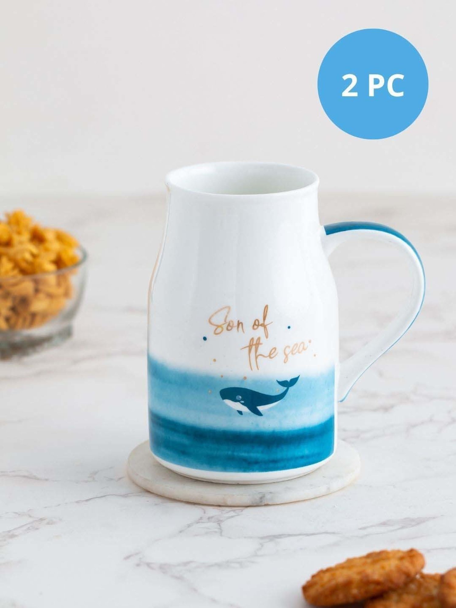 JCPL White & Blue Ceramic Milk Mug (0.35 L) - Set of 2