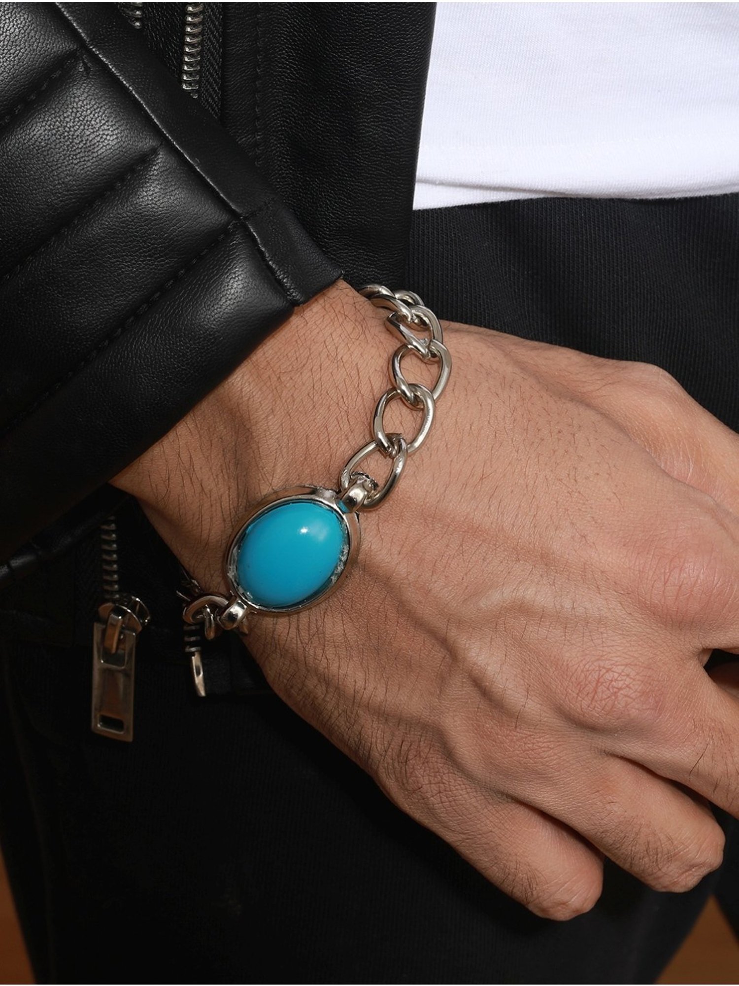 Bold by Priyaasi Blue Turquoise Look Silver-Plated Link Chain Bracelet