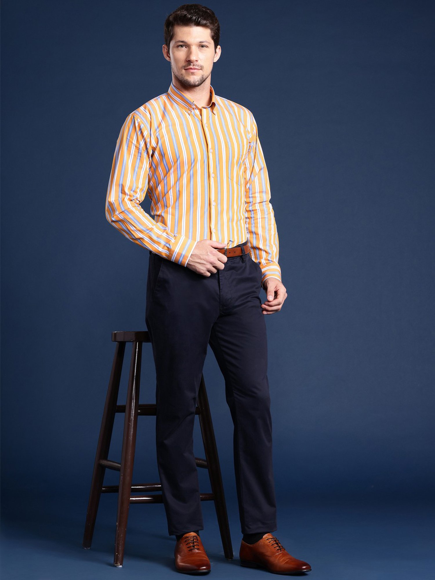 Hancock Yellow Cotton Slim Fit Stripes Shirts