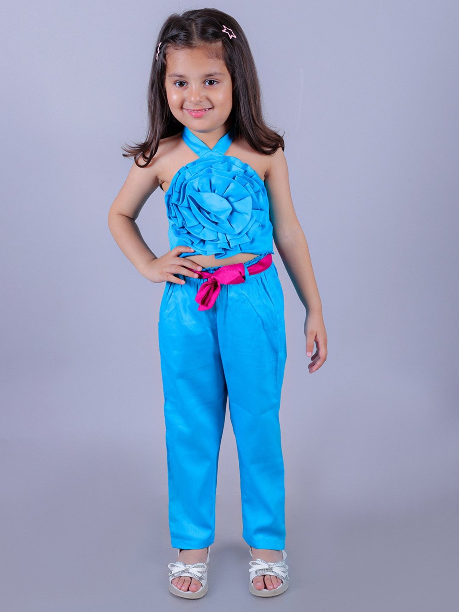 Lil Drama Kids Blue Solid Top with Pants