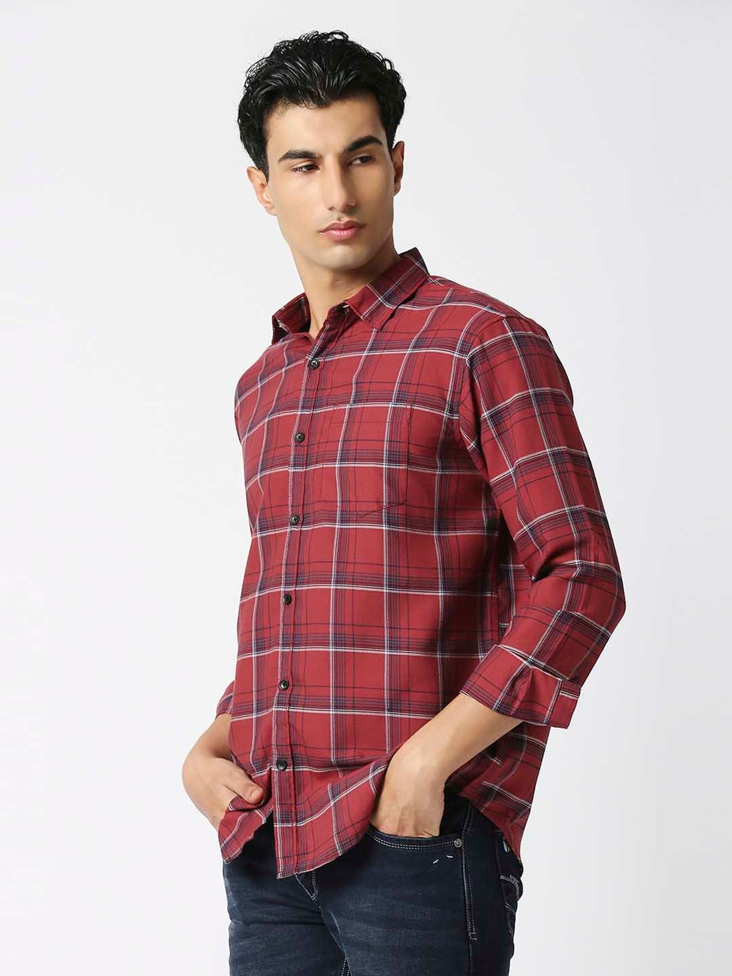 HJ HASASI Red Slim Fit Check Cotton Shirt