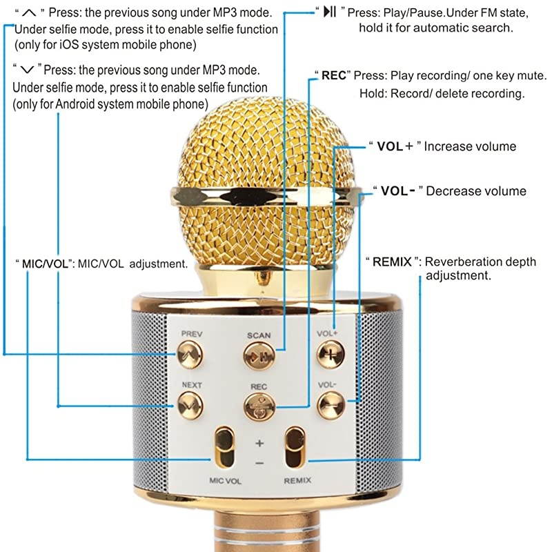 Wireless Bluetooth Karaoke Microphone with Built in Bluetooth Speaker Speaker Allinone Karaoke Machine | Compatible with Android iOS iPhone Gold Color