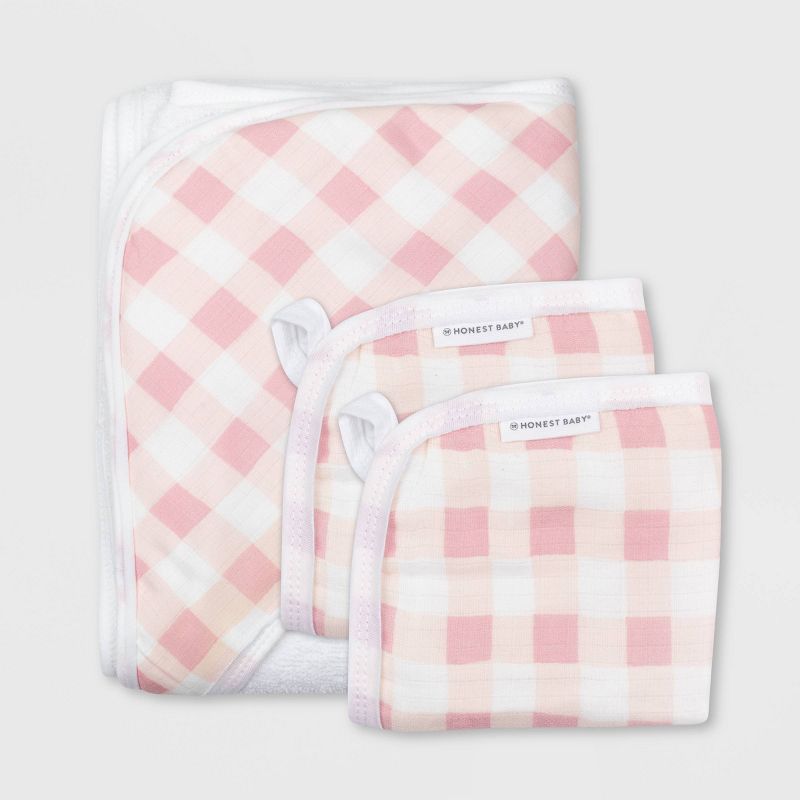 Honest Baby Girls' 3pc Organic Cotton Plaid Hooded Bath Towel Set - Pink