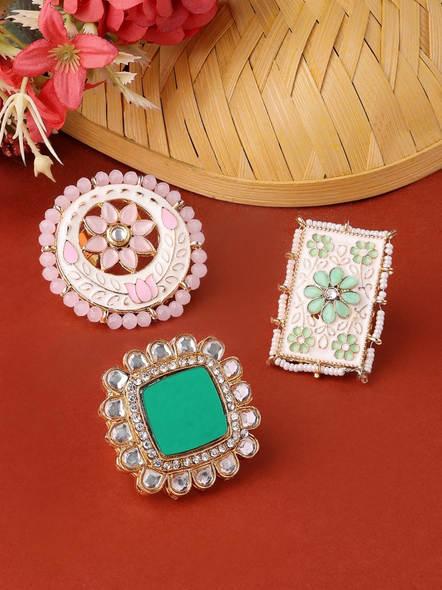 Zaveri Pearls Set of 3 Multicolor Meenakari Traditional Rings-ZPFK14836