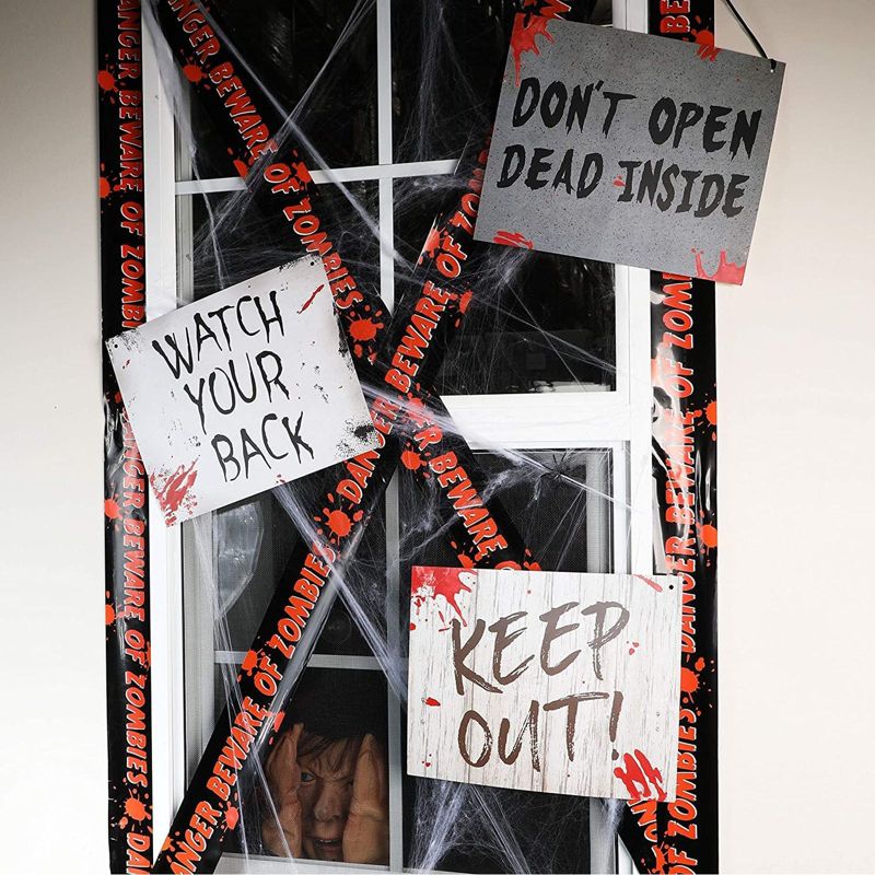 Spooky Central 12 Pack Halloween Party Decorations, Beware Signs with Rope (11.8 x 9.8 In)
