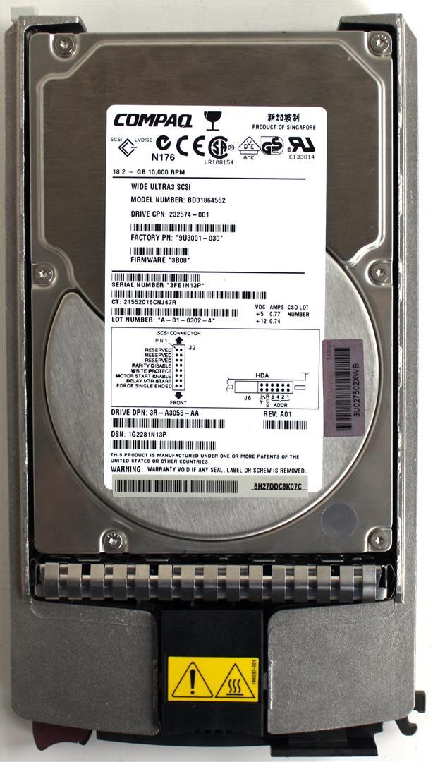 COMPAQ 18.2GB 10K U3 SCSI HDD, BD01864552, 232574-001, P/N: 9U3001-030 FW: 3B08, DP/N: 3R-A3058-AA REV.A01, 152190-001 W/ TRAY