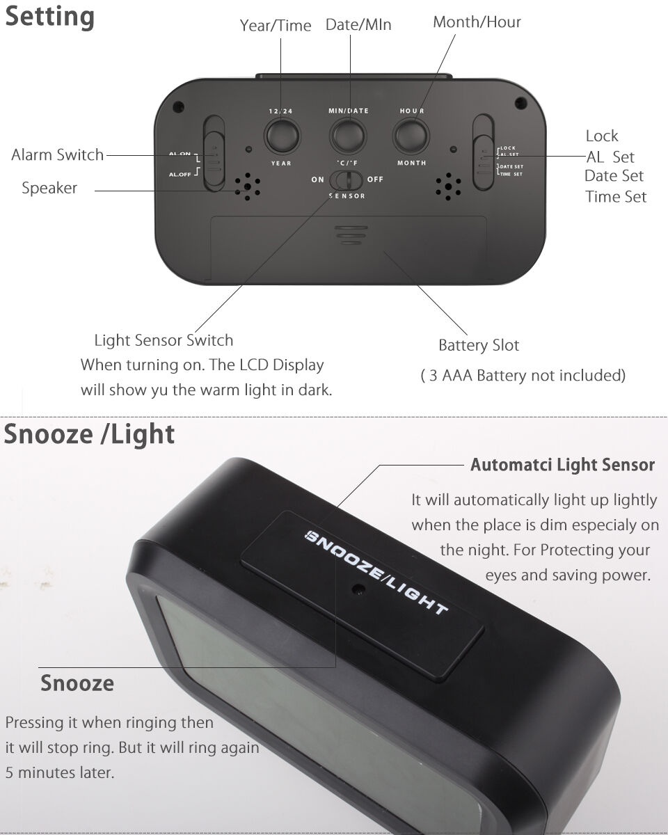 Digital Snooze LED Alarm Clock Backlight Time Calendar Thermometer Temperature