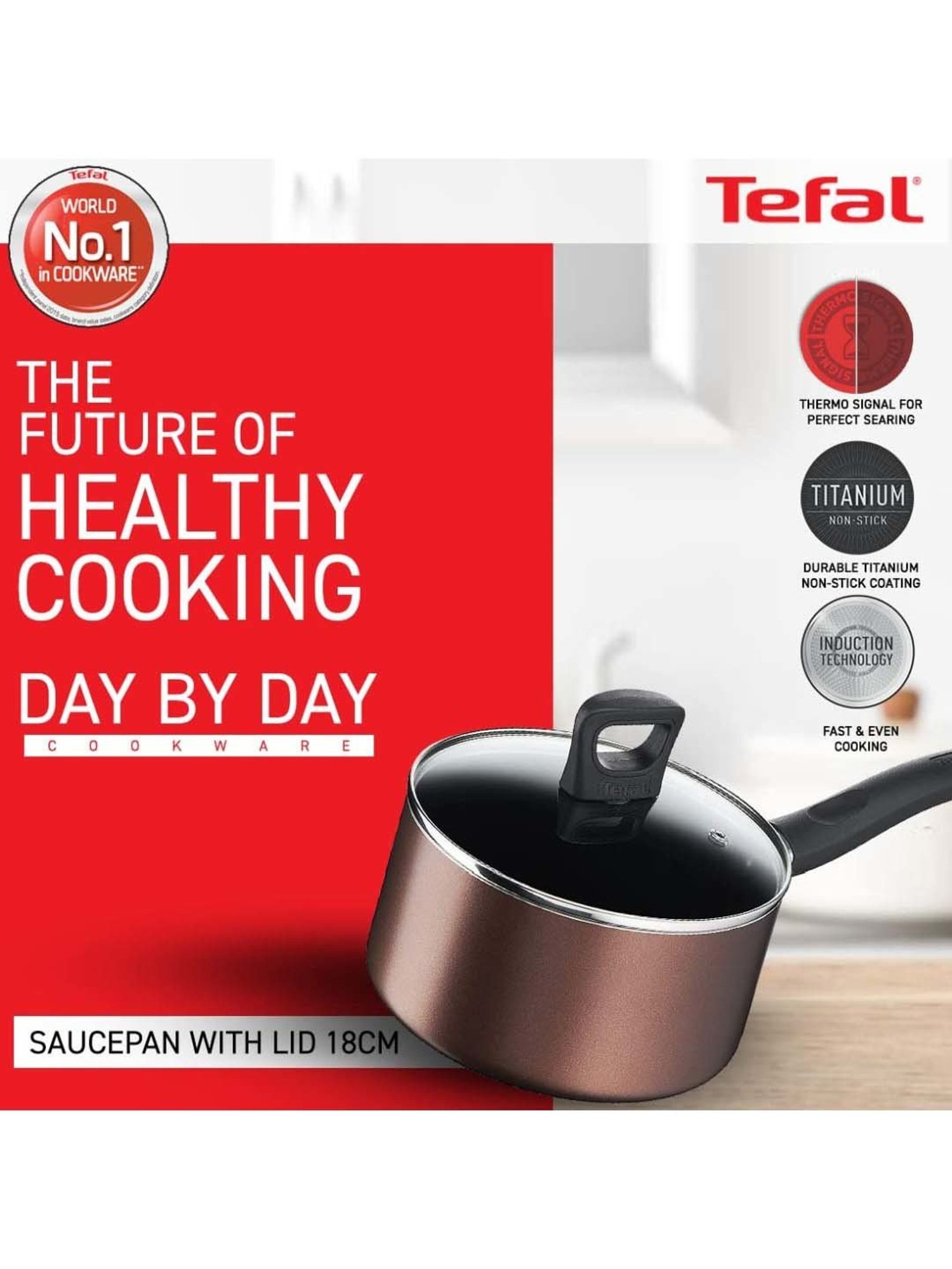 Tefal Day By Day Brown Aluminium 18 cm Non Stick Sauce Pan With Lid (1 L)