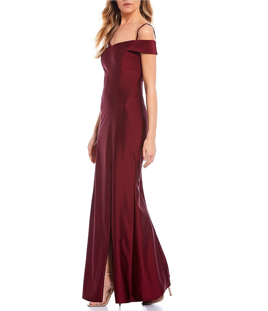 Morgan & Co. Off-The-Shoulder X-Back Side Slit Power Sateen Long Dress