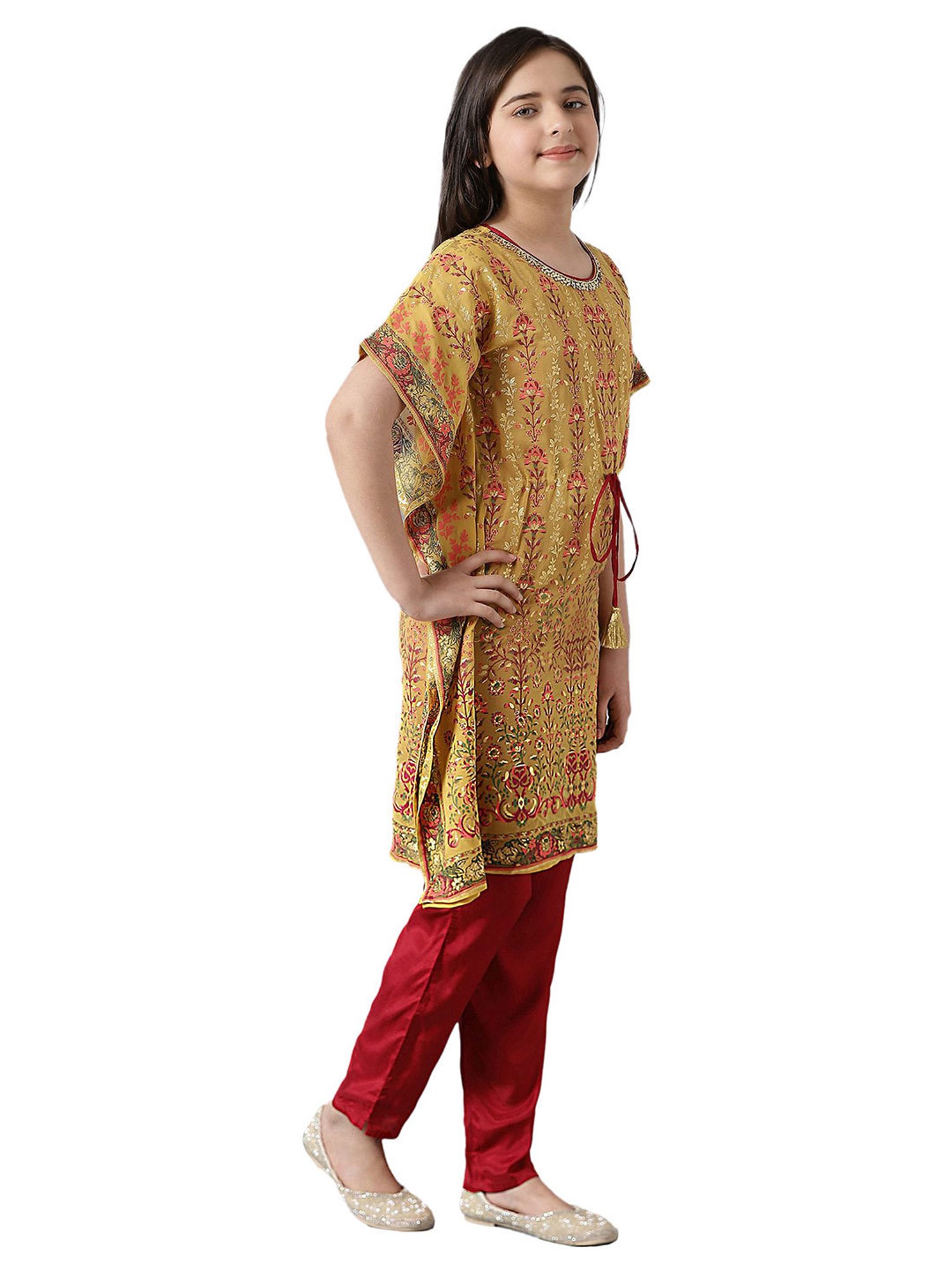Aurelia Kids Mustard & Red Floral Print Kaftan with Inner & Trousers