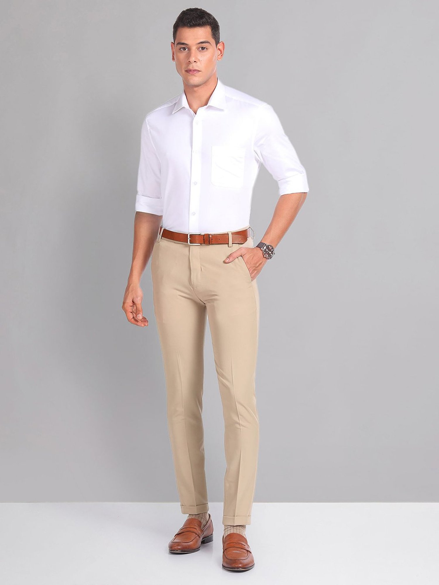 AD by Arvind Light Brown Slim Fit Flat Front Trousers