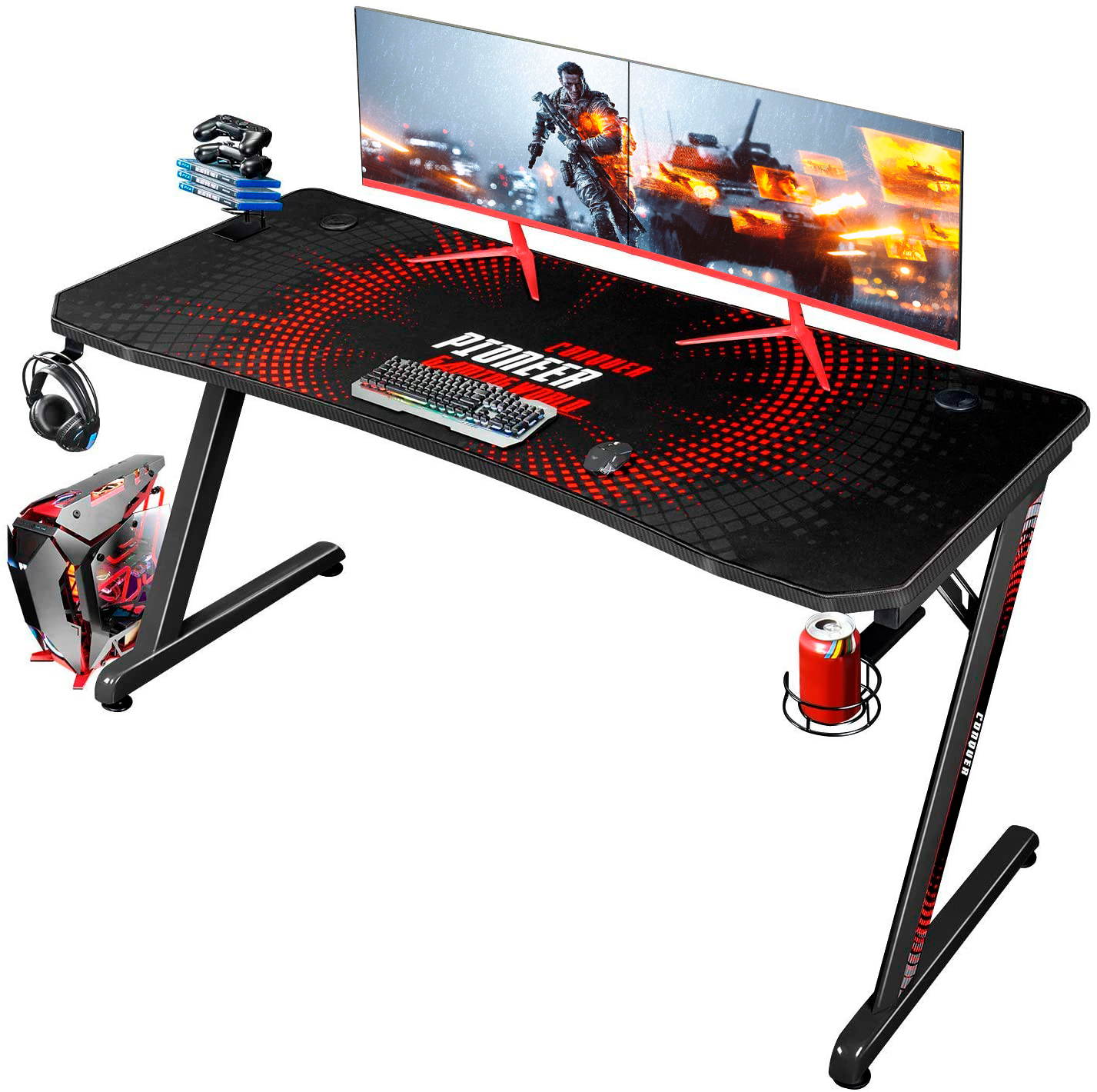 Devoko Gaming Desk 55 Inch Computer Gaming Desk Z-Shaped Pc Gaming Desk with Carben Fiber Surface Gamer Desk with Free Mouse Pad Home Office Desk with Cup Holder and Headphone Hook (Black)