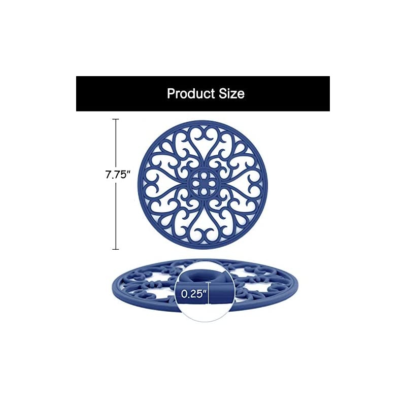 Slip Silicone Carved Trivet Mats Set For Dishes- Heat Resistant Coasters-Modern Kitchen Hot Pads For Pots & Pans | (Round, Set of 3, Navy Blue)