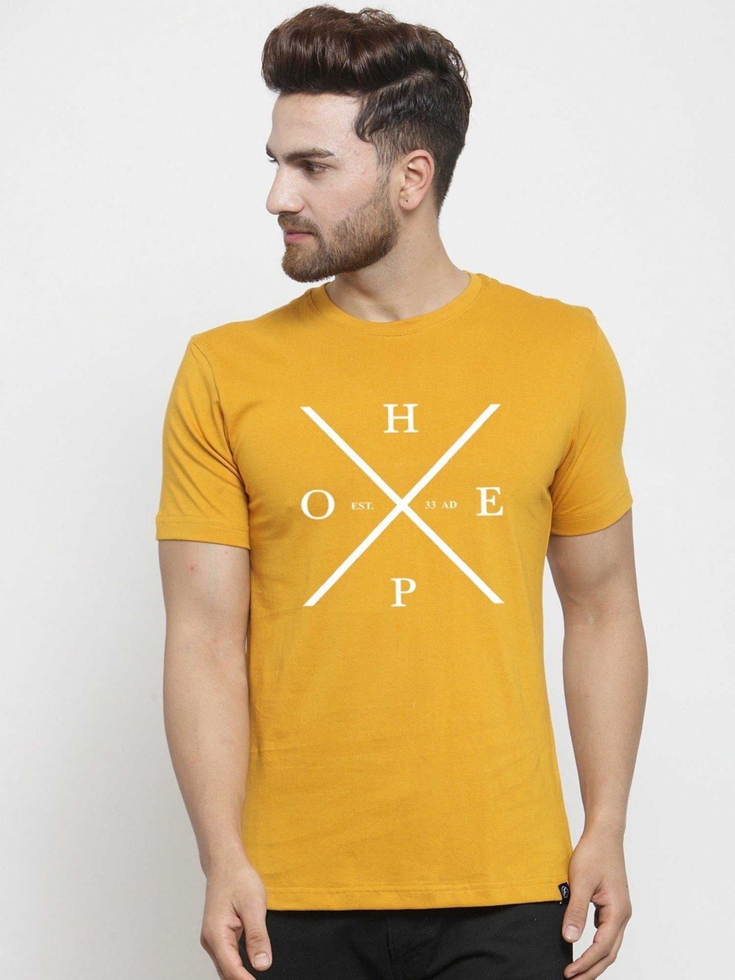 Friskers Mustard Cotton Slim Fit Printed T-Shirt