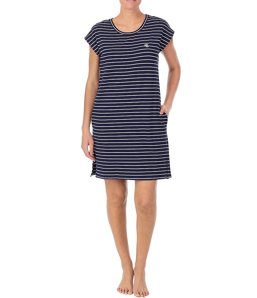 Lauren Ralph Lauren Striped Print French Terry Sleep Tee Sleepshirt Dress
