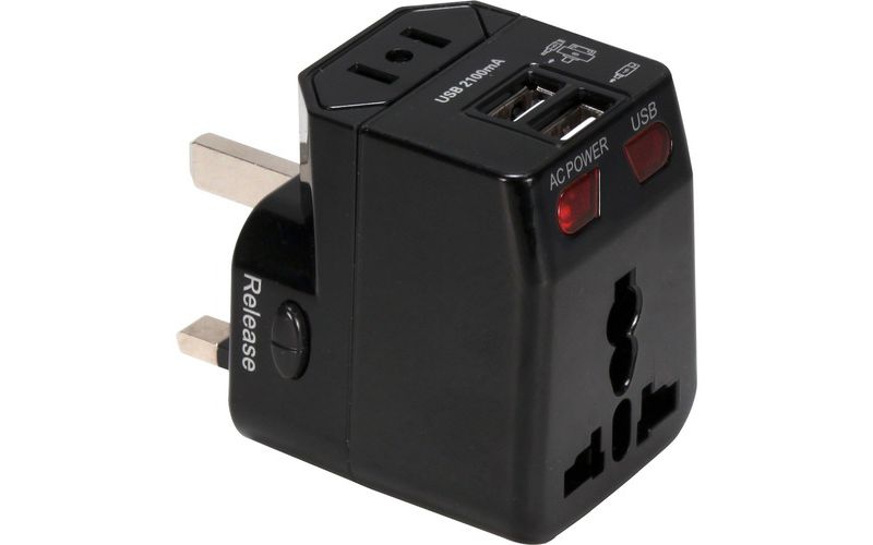 QVS Premium World Travel Power Adaptor with Surge Protection & 2.1A Dual-USB Charger - 120 V AC, 230 V AC Input - 5 V DC/2.10 A Output