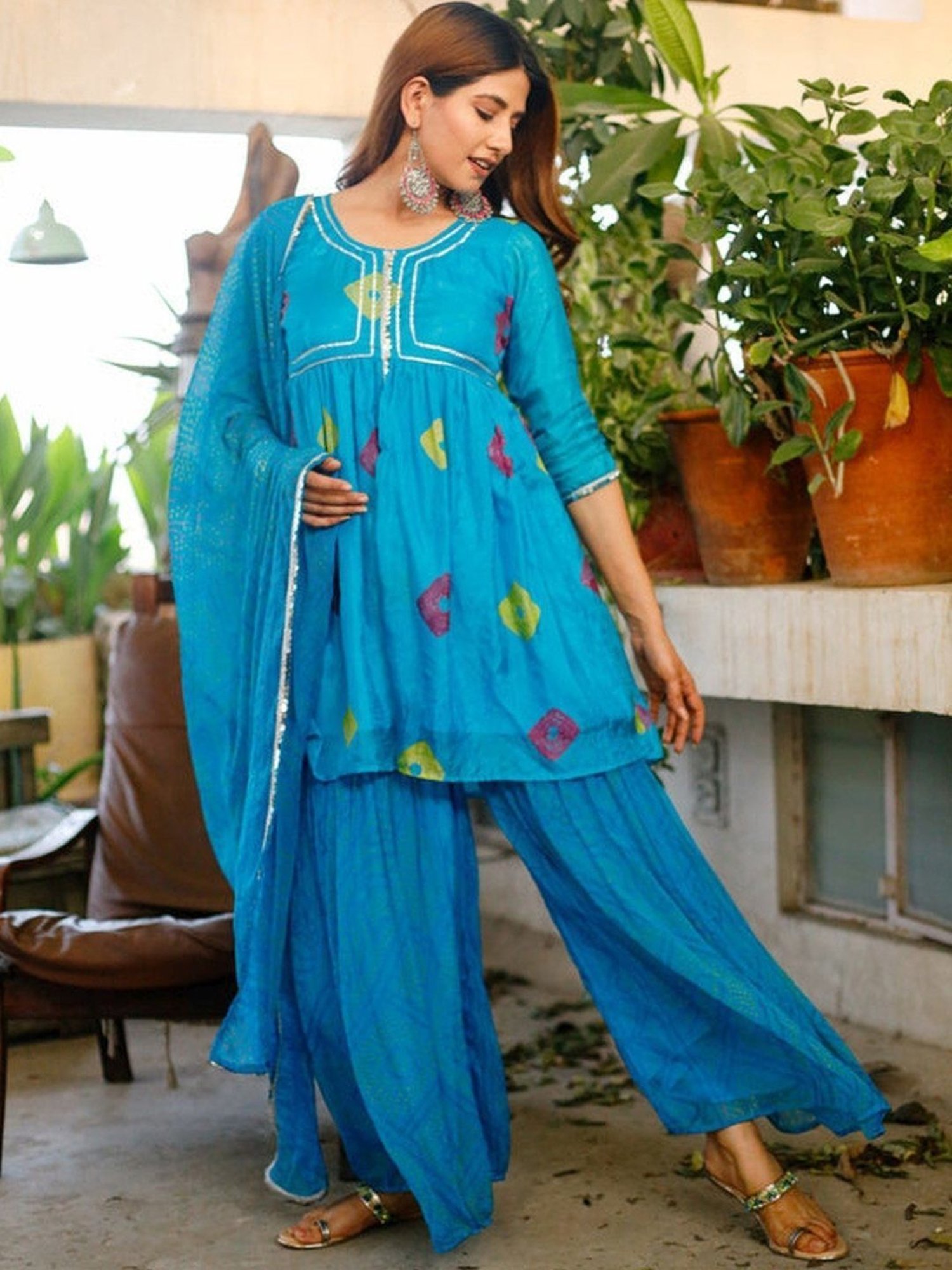 Thread and Button Blue Brig Bandhej Kurta and Palazzo with Dupatta