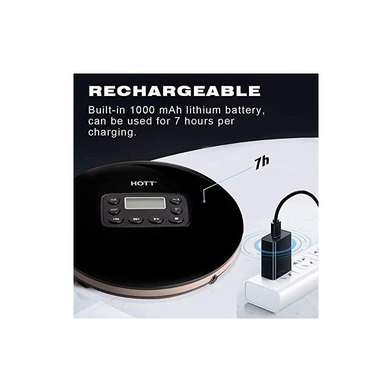 Bluetooth Portable CD Player Built-in 1000mah Lithium Battery for Home Travel and Car with Stereo Headphones, Anti Shock Protection - Black