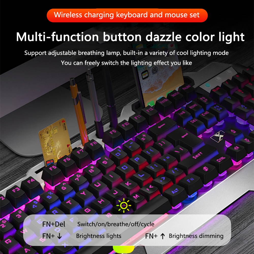Wireless Gaming Keyboard and Mouse with Rainbow Backlit Rechargeable Metal Panel Mechanical Feel Keyboard and Gaming Mouse for Gamer Laptop PC,Black