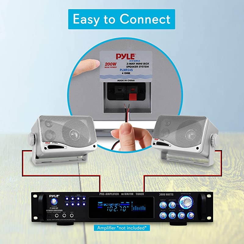 3-Way Waterproof Marine Box Speakers - 3.5" 200 Watt Dual Indoor Outdoor Speaker System - Weatherproof/Waterproof Outdoor Speaker - Home, Boat, Pool, Patio Indoor Outdoor Use -  PLMR24S (Silver)