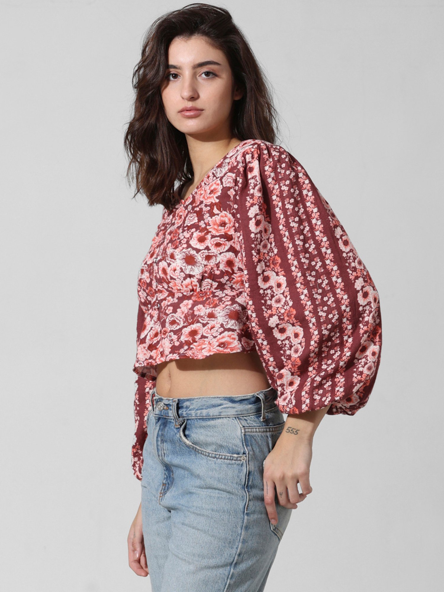 Only Maroon Cotton Floral Print Peplum Top