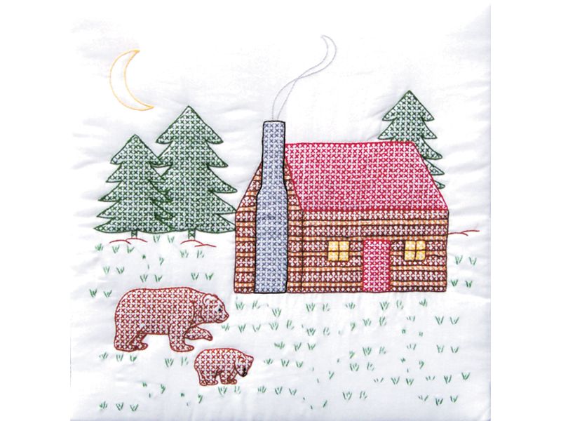 Jack Dempsey Stamped White Quilt Blocks 18"X18" 6/Pkg-Cabin & Bears