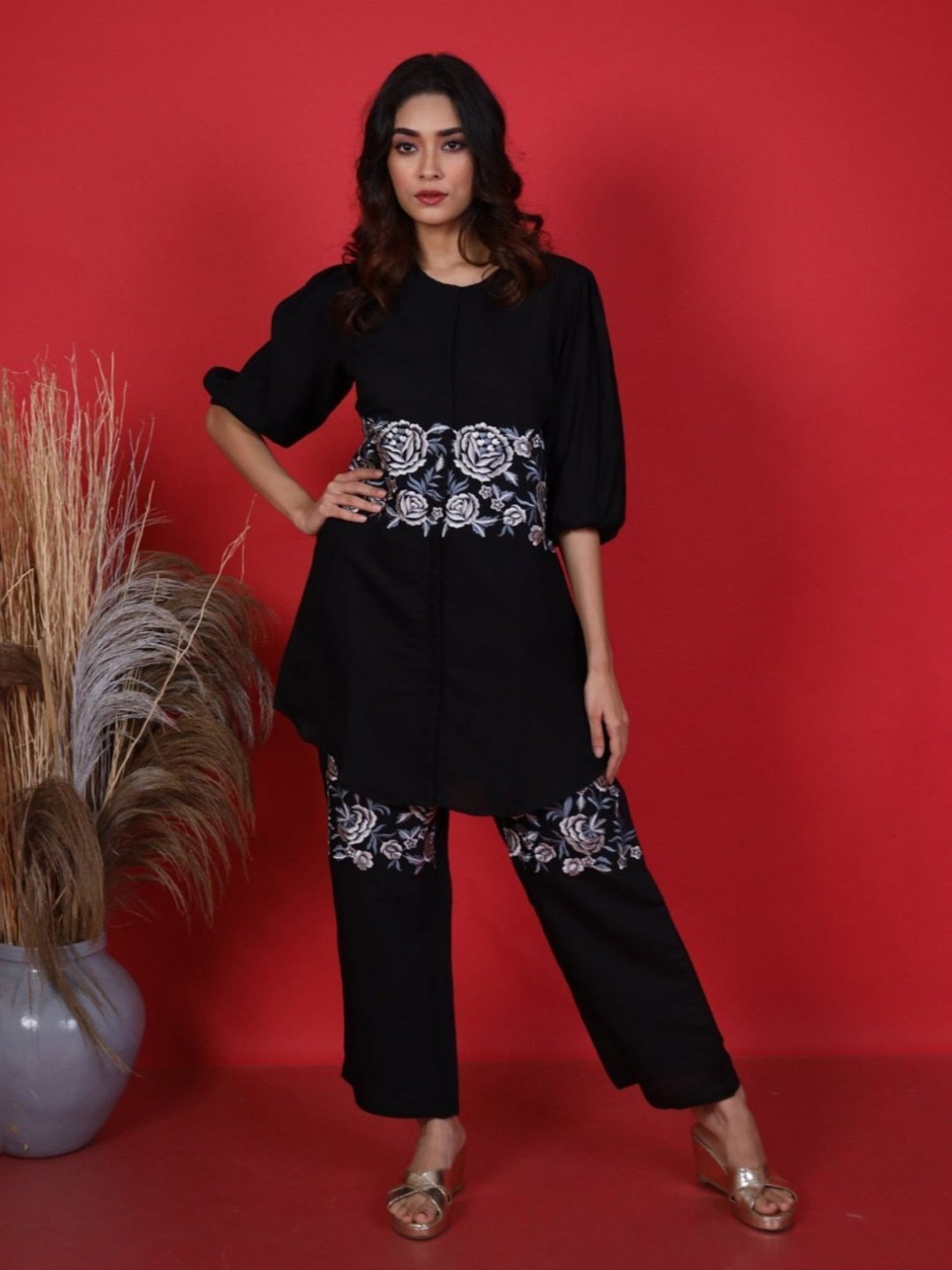 Autumnlane Sophia Black Embroidered Tunic with Pant Co-ord Set Set