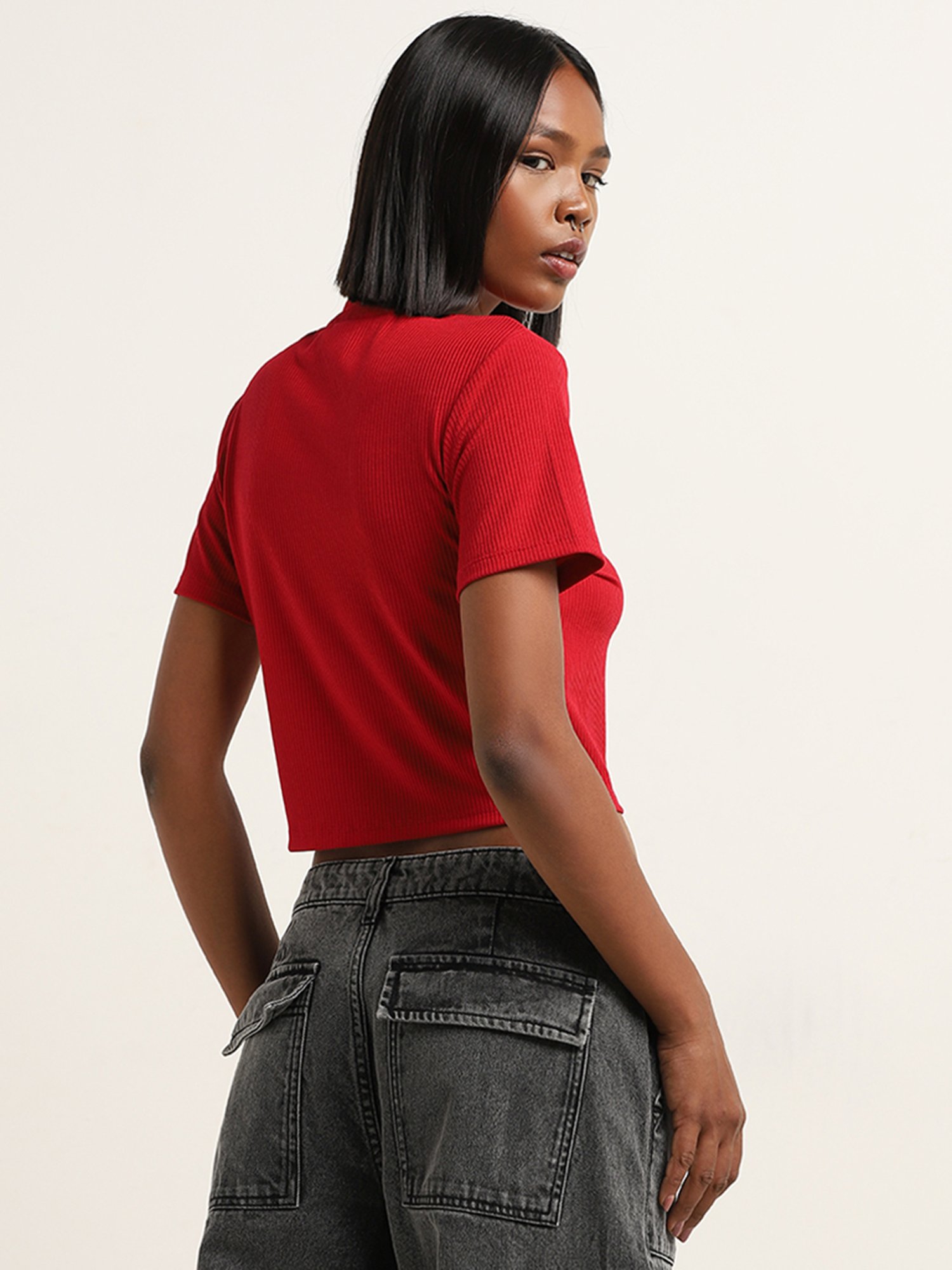 Nuon by Westside Red Ribbed Textured T-Shirt