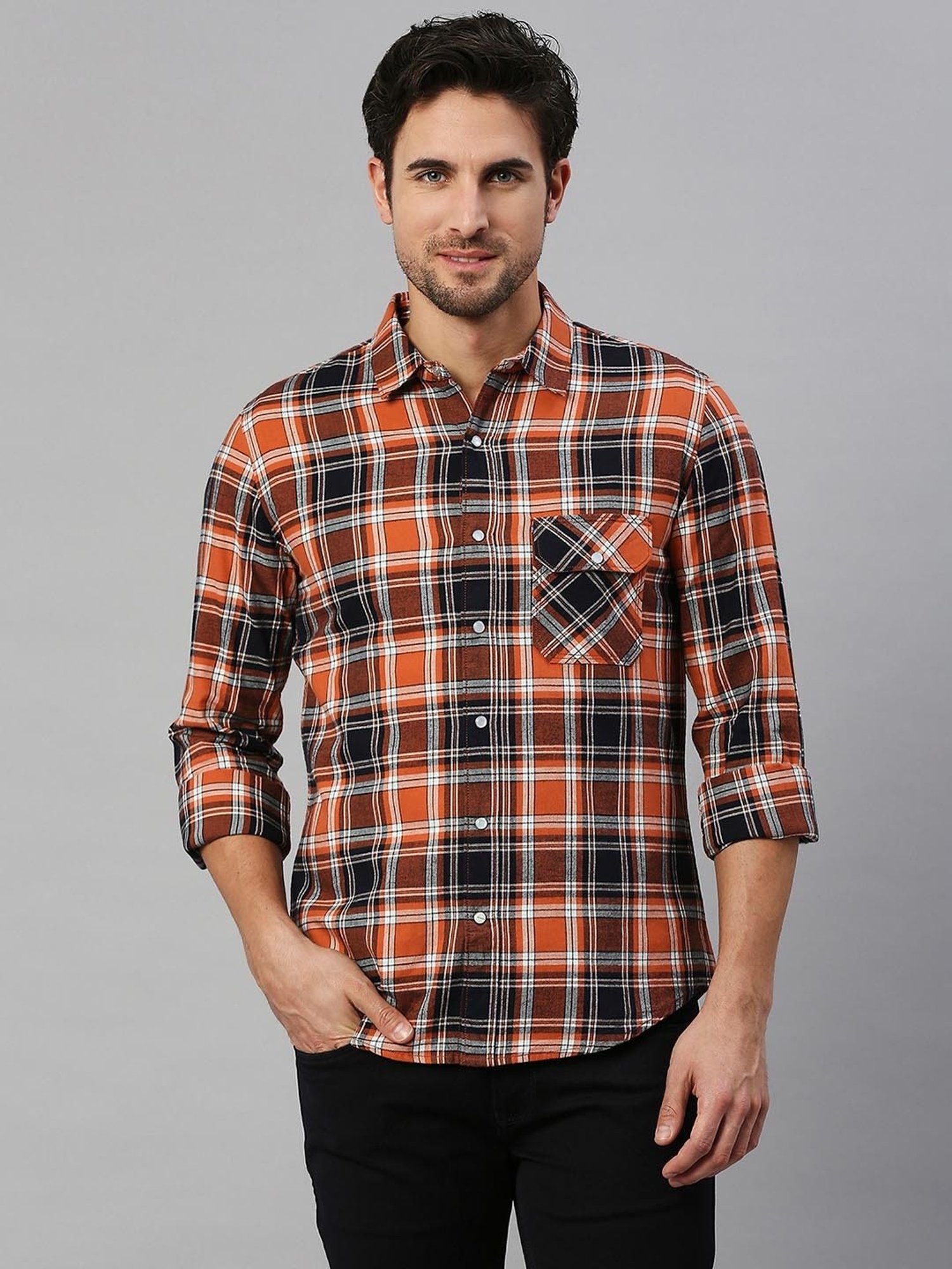SOLEMIO Orange Slim Fit Check Cotton Shirt