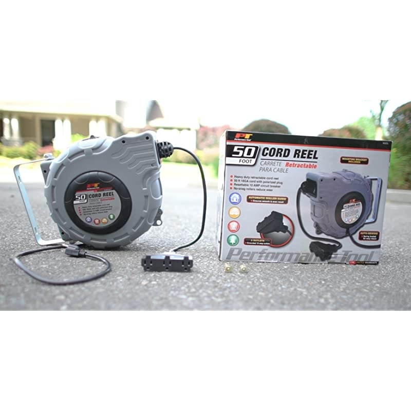 Tool W2273 50ft 16 Gauge Retractable Cord Reel with Guided Return Install On Ceiling Wall Floor or Workbench