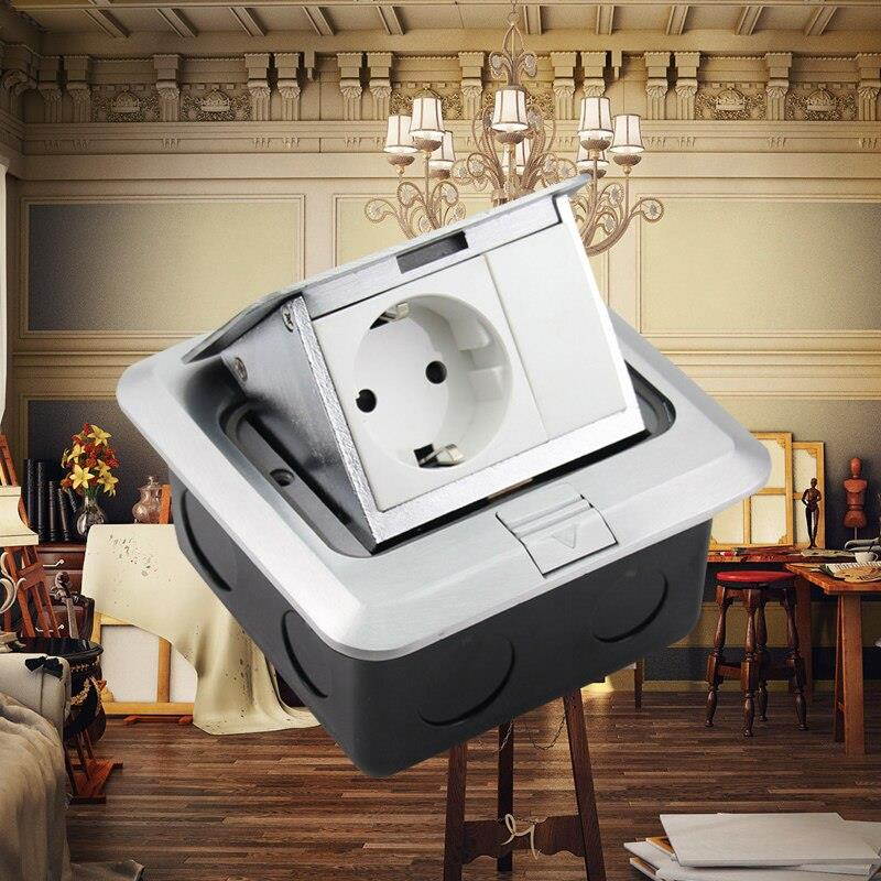 All Aluminum Silver Panel EU Standard Pop Up Floor Socket Electrical Outlet With Internet Computer Port 120*120mm