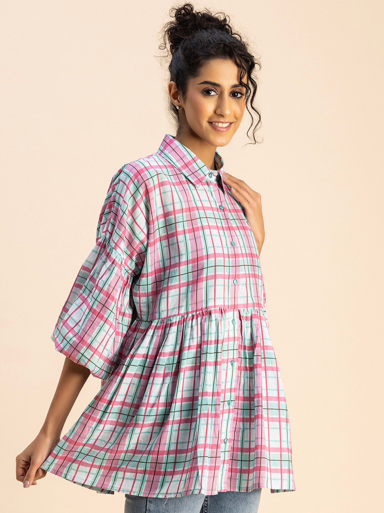 Moomaya Pink & Green Cotton Checks Top